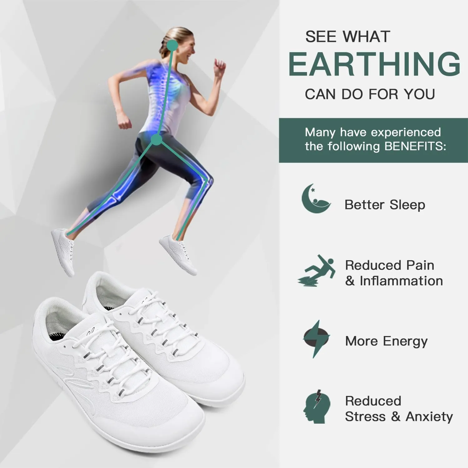 Barefoot Grounding Shoes Lace Up Wide Toe Box Conductive Flexible Outsole Zero Drop Connect to Earth More Energy Reduce Stress Enhancing Movement Better Sleep Pain Relief