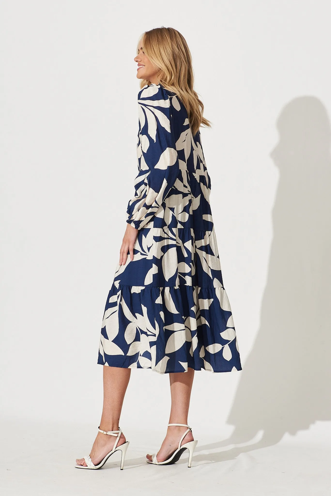 Bienne Midi Shirt Dress In Navy With Cream Leaf Print Cotton Blend