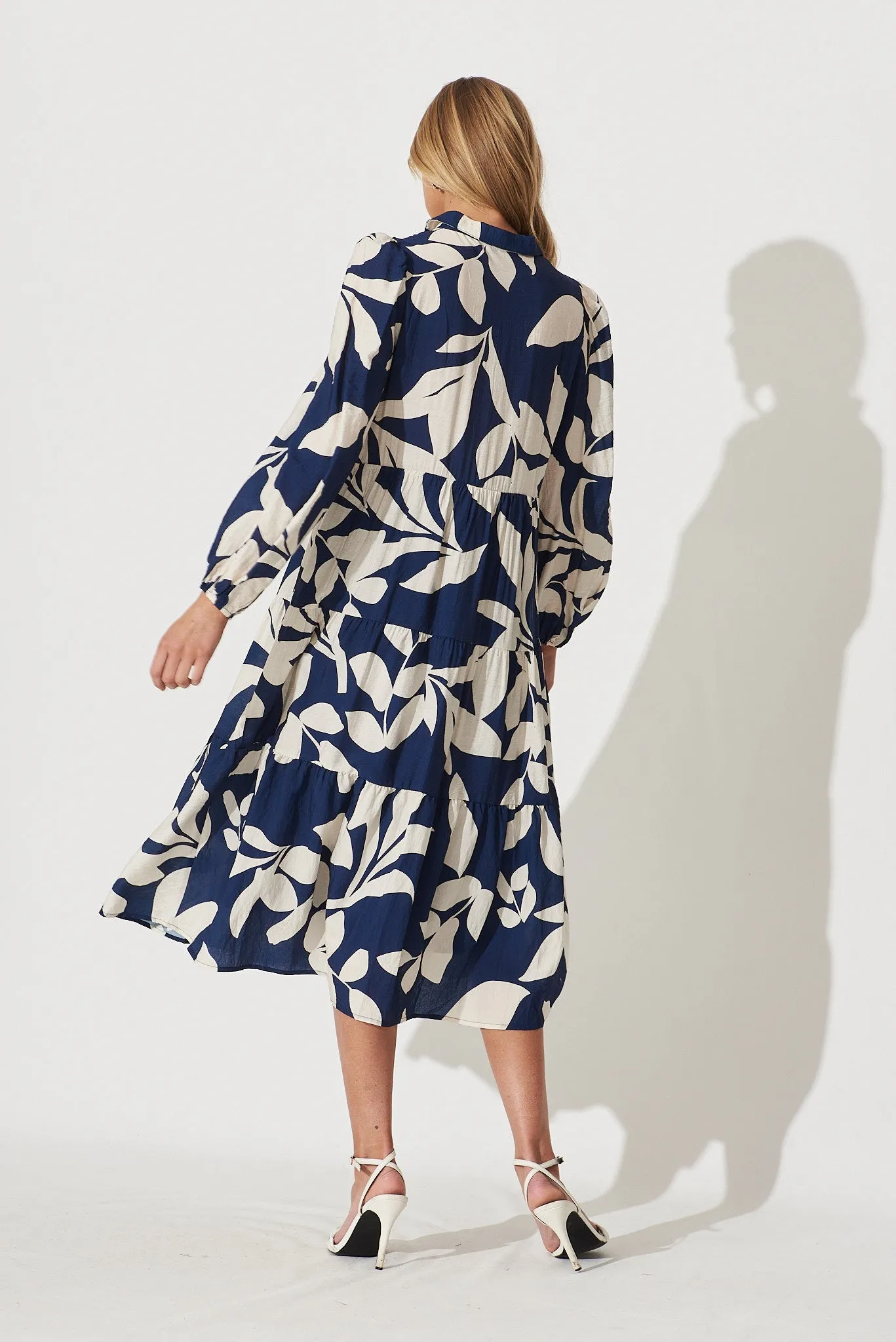Bienne Midi Shirt Dress In Navy With Cream Leaf Print Cotton Blend