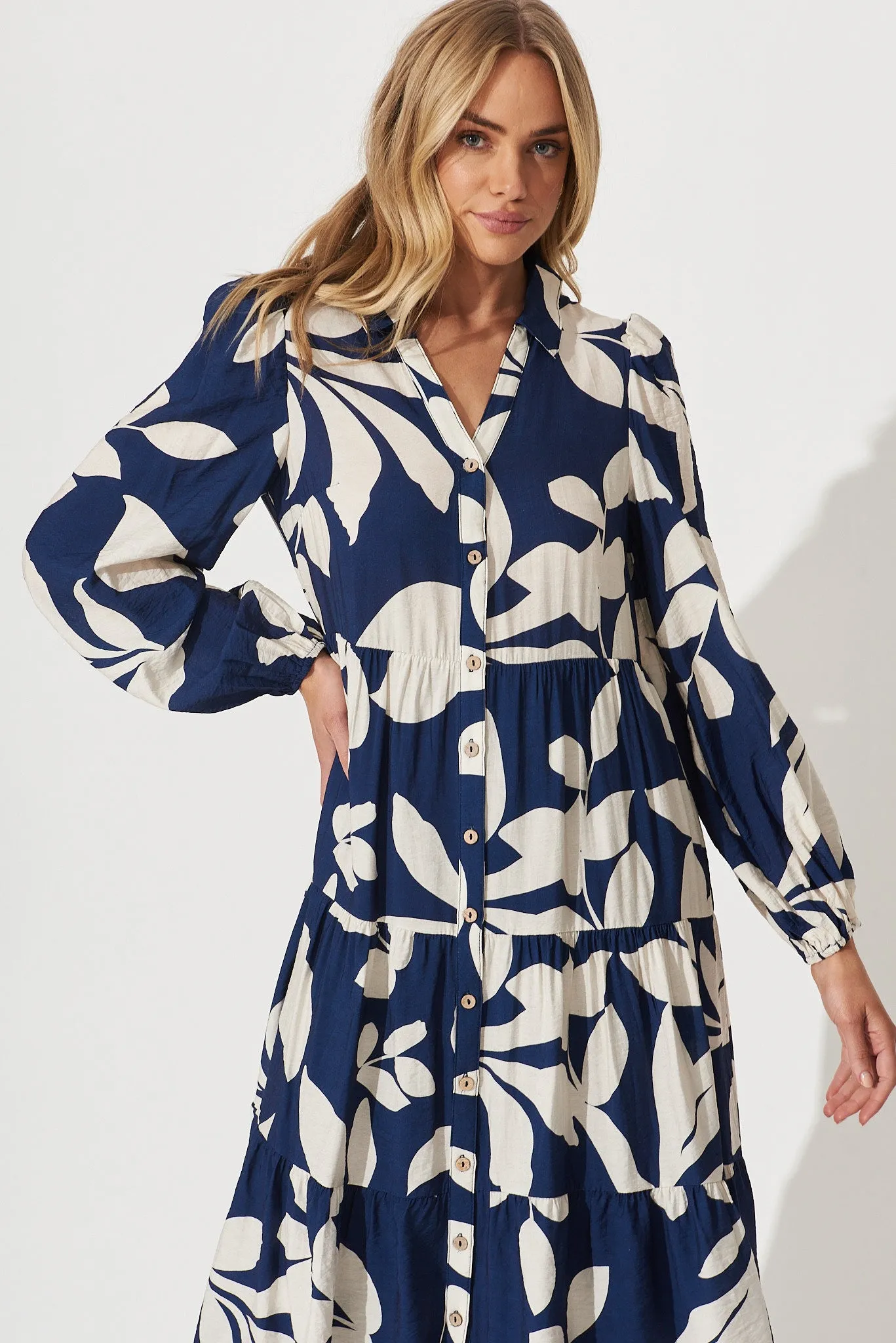 Bienne Midi Shirt Dress In Navy With Cream Leaf Print Cotton Blend