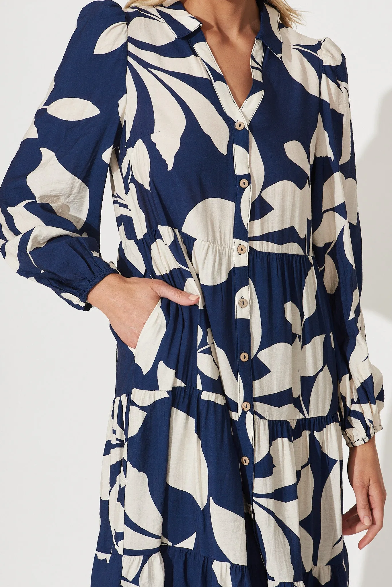 Bienne Midi Shirt Dress In Navy With Cream Leaf Print Cotton Blend