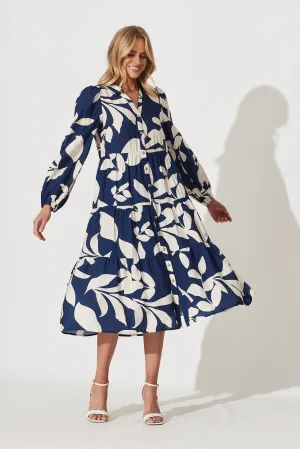 Bienne Midi Shirt Dress In Navy With Cream Leaf Print Cotton Blend