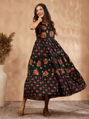 Black Printed Cotton Tiered Dress