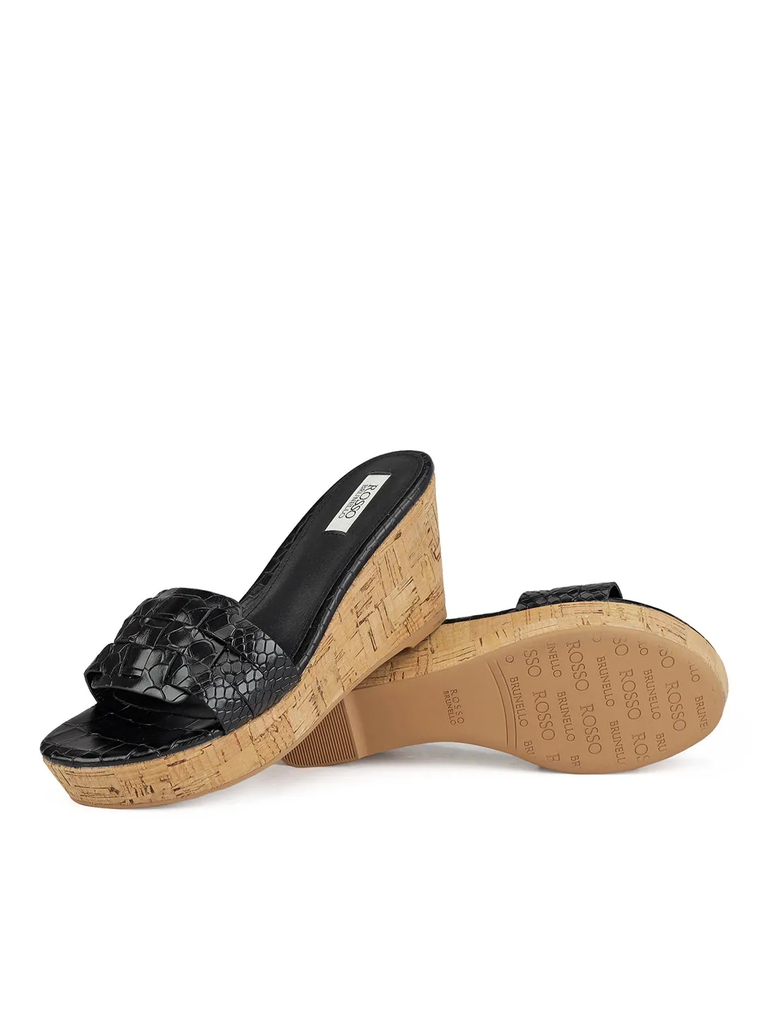 Black Textured Leather Wedges