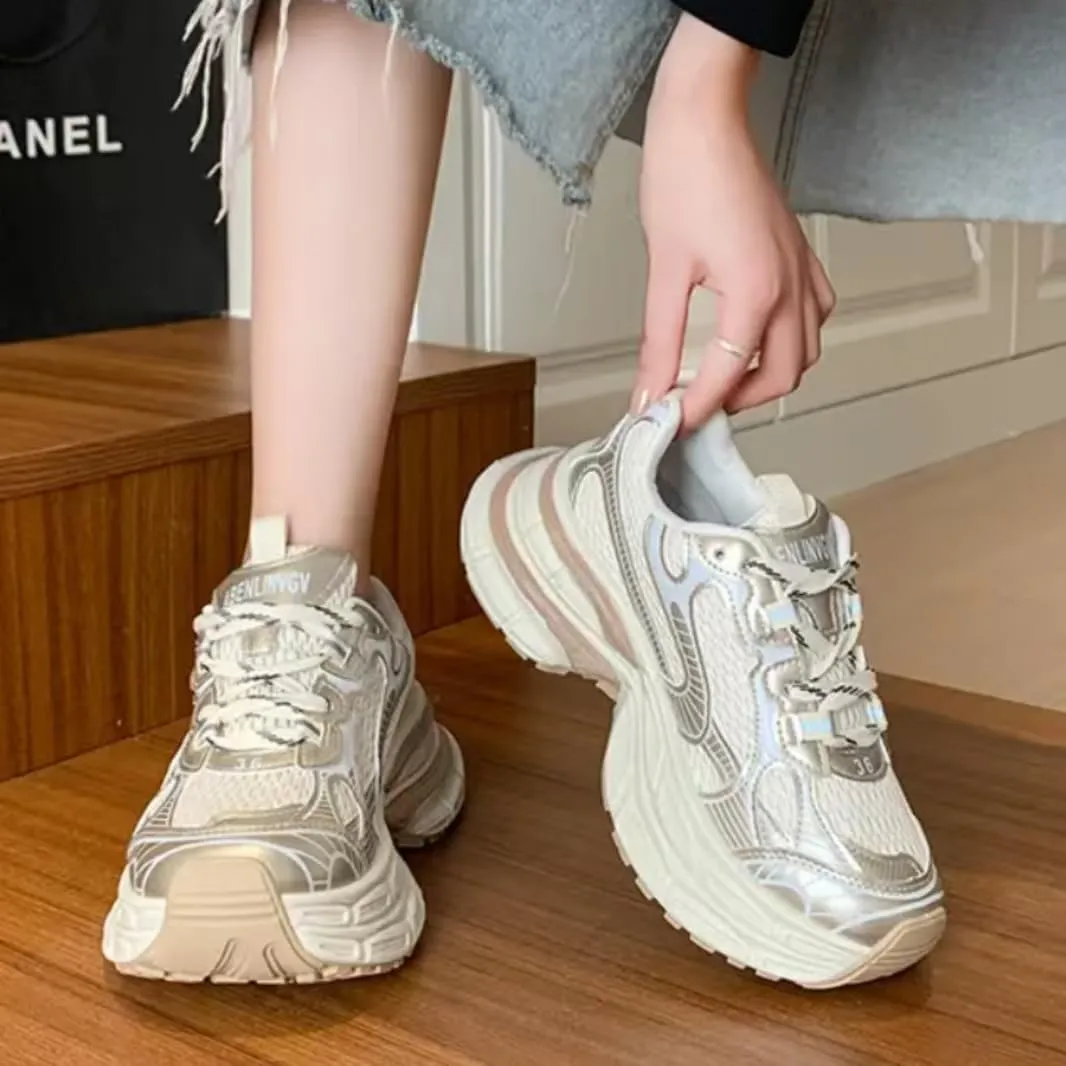 Breathable Chunky Sneakers for Women Fashion Platform Height Gain Sneakers Comfortable Non-Slip Lace Up Casual Walking Dad Shoes