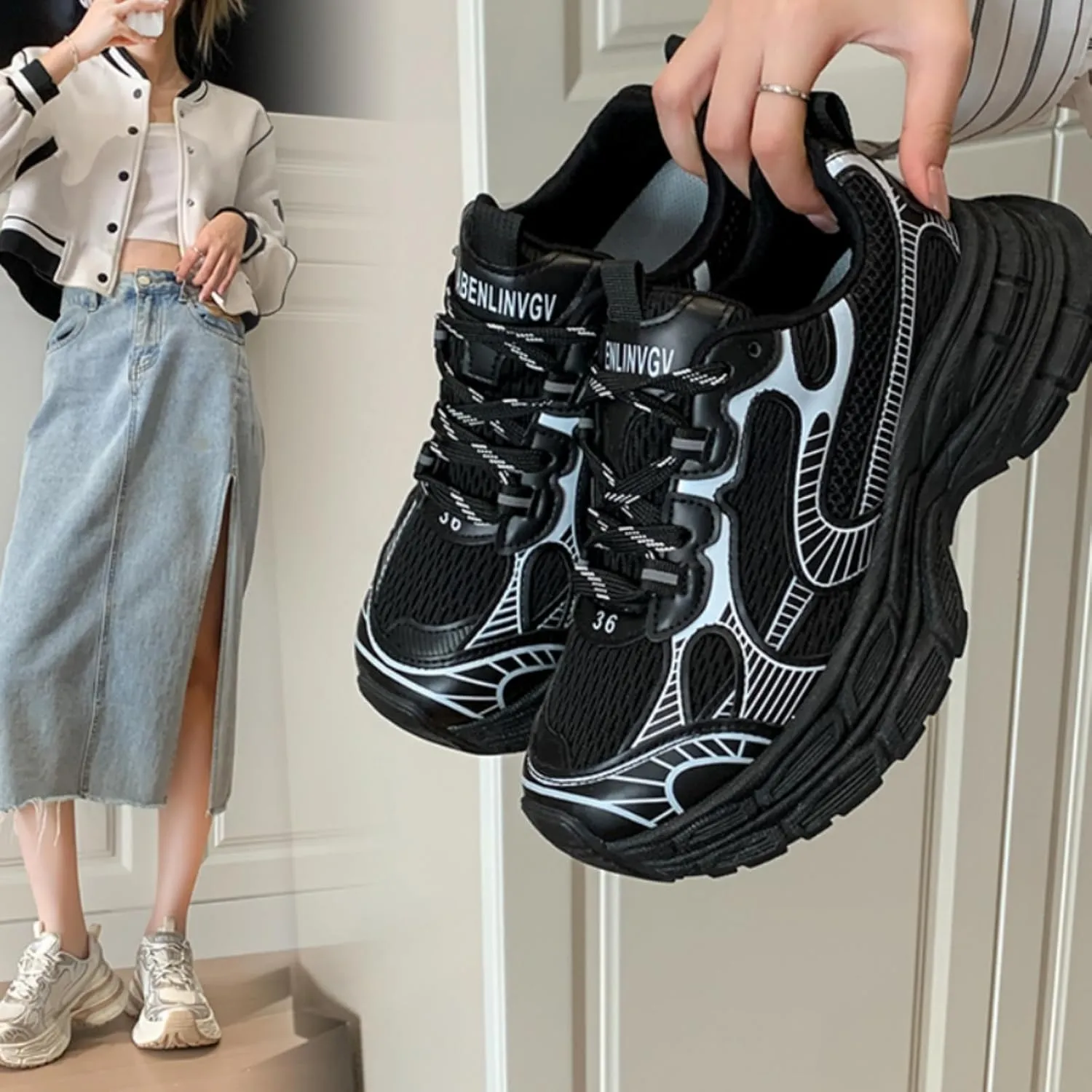 Breathable Chunky Sneakers for Women Fashion Platform Height Gain Sneakers Comfortable Non-Slip Lace Up Casual Walking Dad Shoes