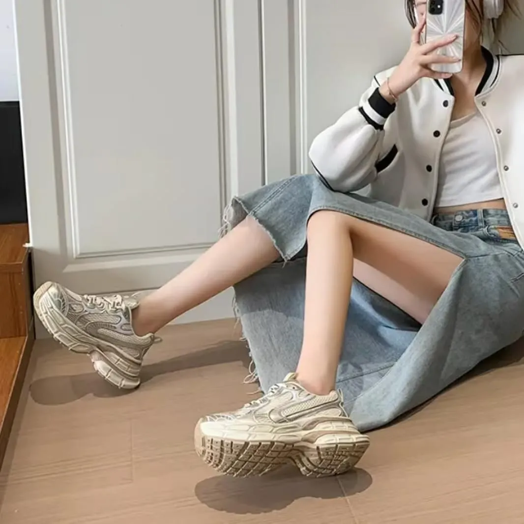 Breathable Chunky Sneakers for Women Fashion Platform Height Gain Sneakers Comfortable Non-Slip Lace Up Casual Walking Dad Shoes