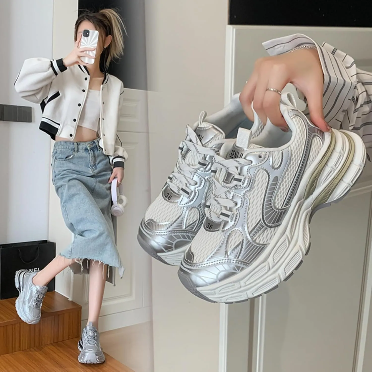 Breathable Chunky Sneakers for Women Fashion Platform Height Gain Sneakers Comfortable Non-Slip Lace Up Casual Walking Dad Shoes