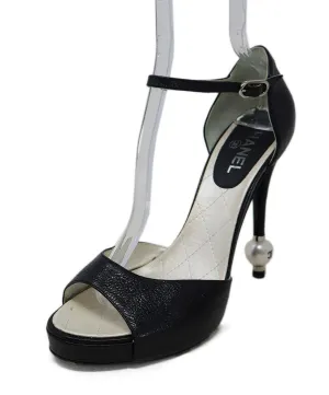Chanel Black Leather Peep Toe Heels w/ Pearl Detail sz 11