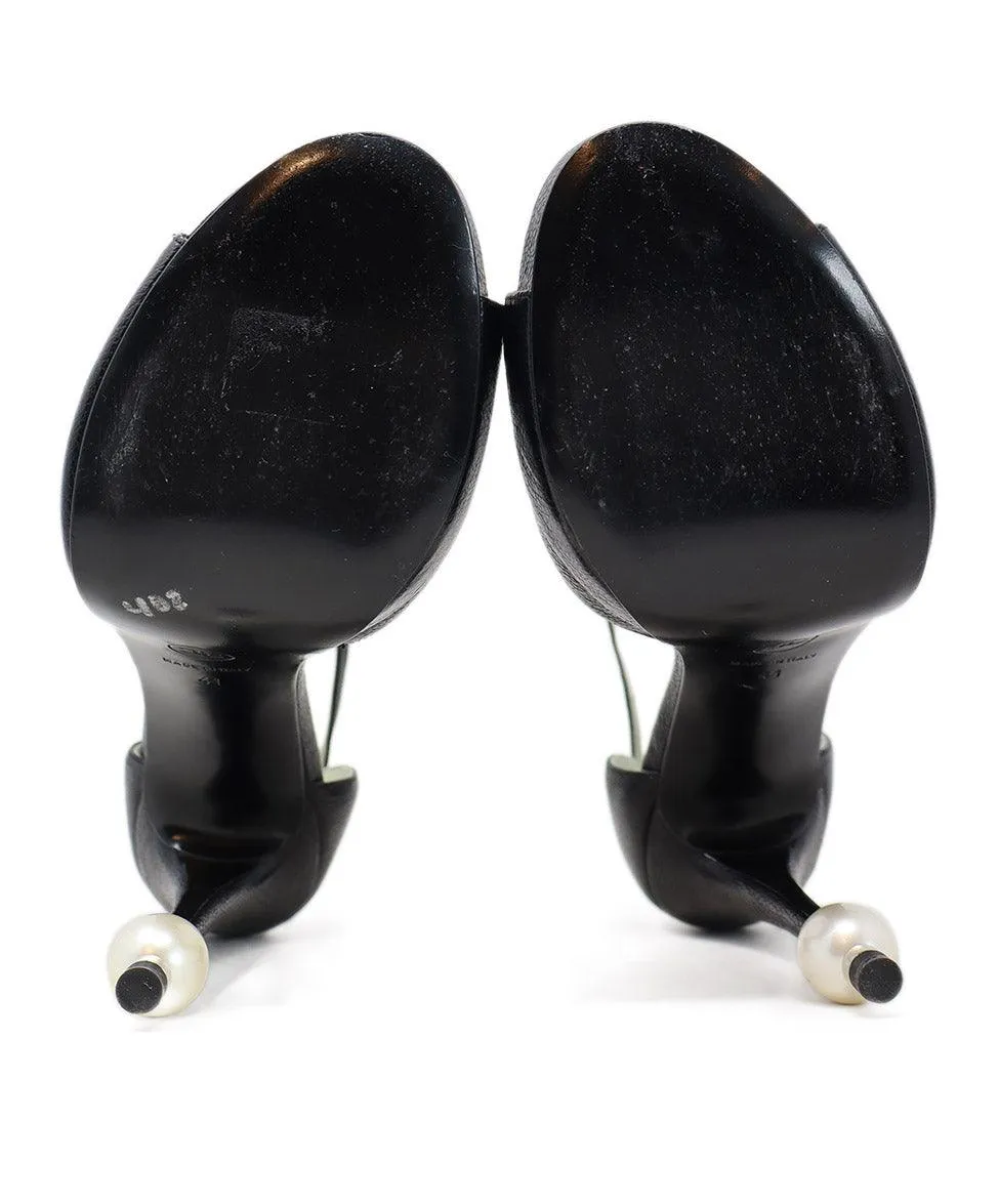 Chanel Black Leather Peep Toe Heels w/ Pearl Detail sz 11
