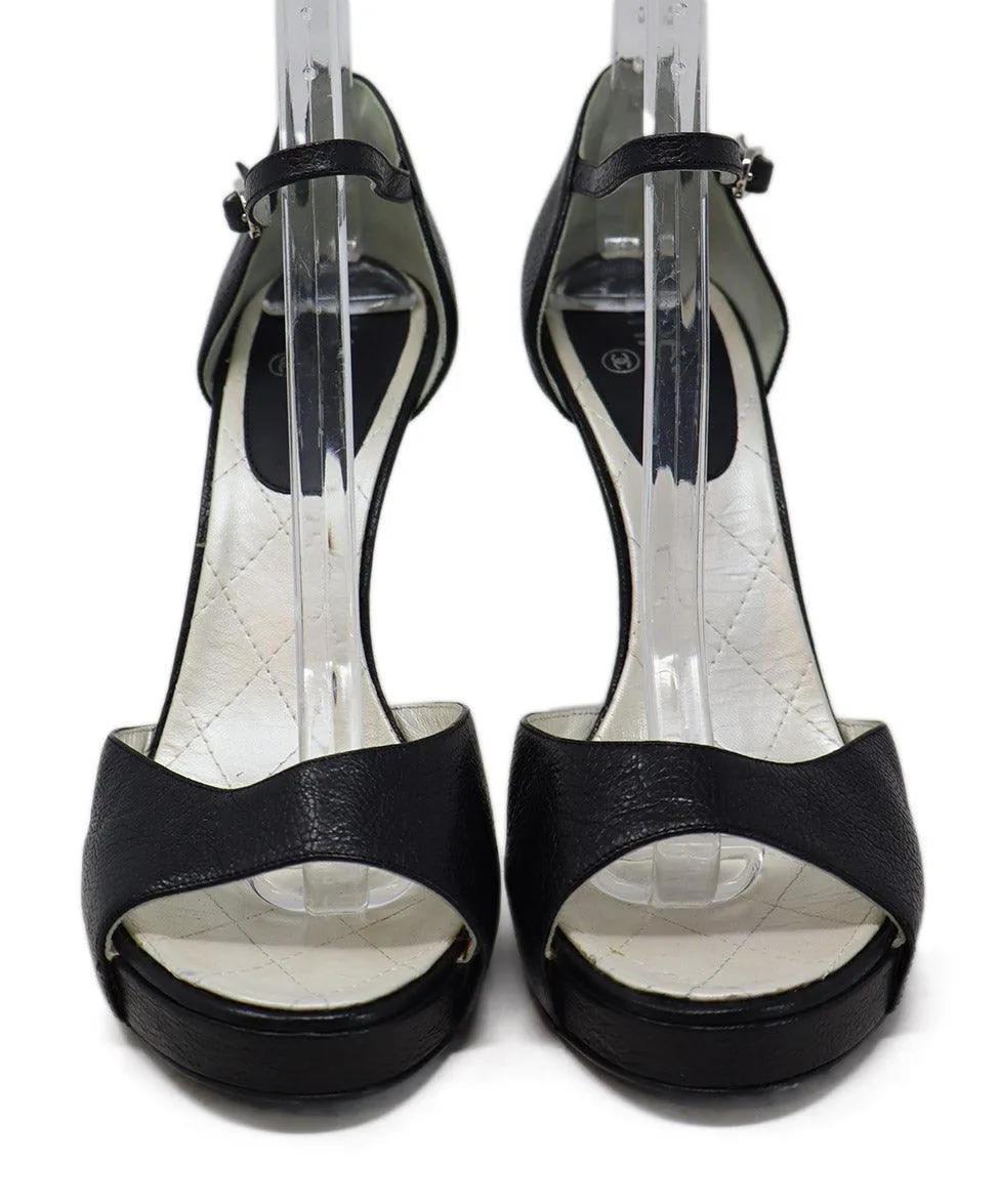 Chanel Black Leather Peep Toe Heels w/ Pearl Detail sz 11