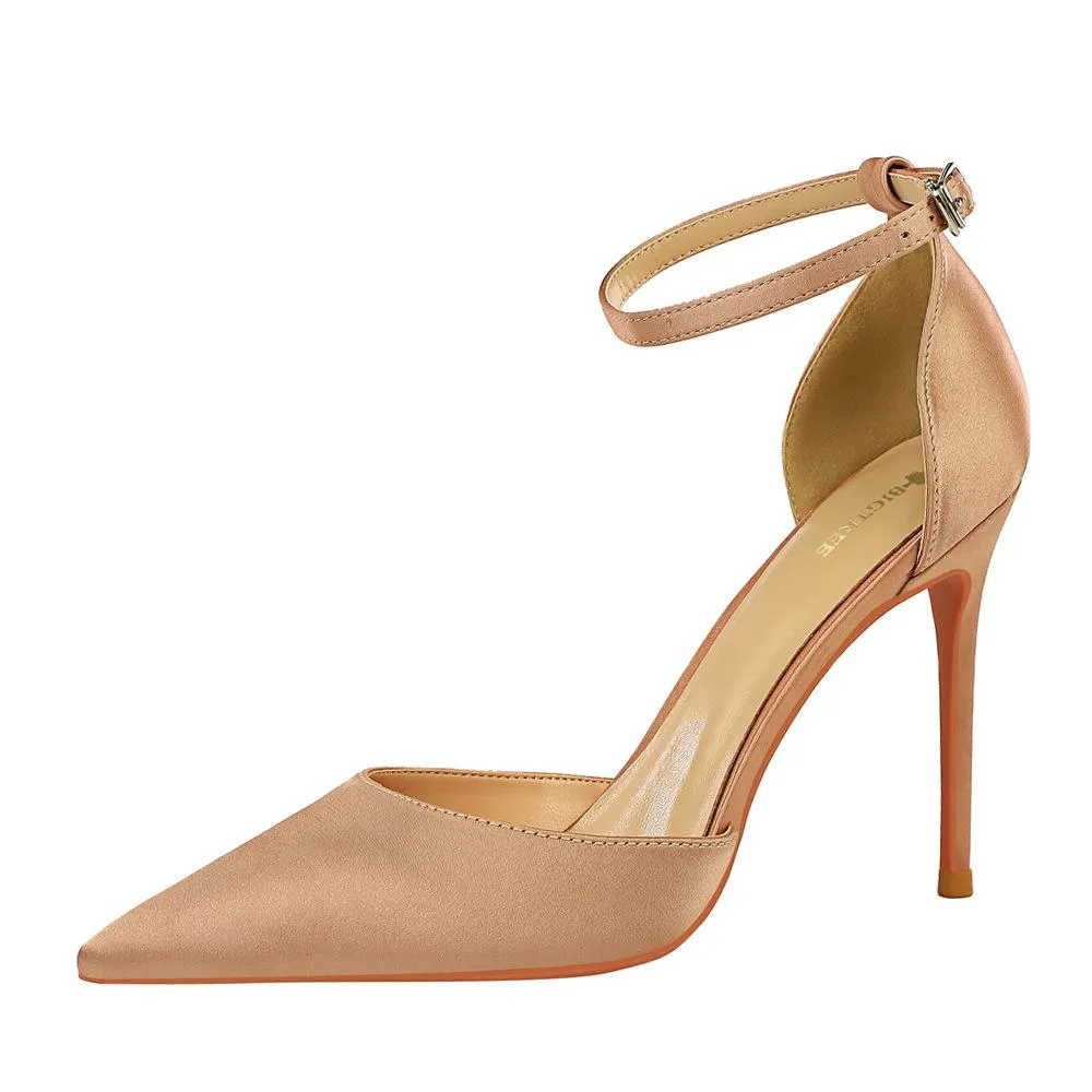 Chicvane Ankle Strap Adjustable Buckle Pointed Toe Stiletto Heel Bridal Heels