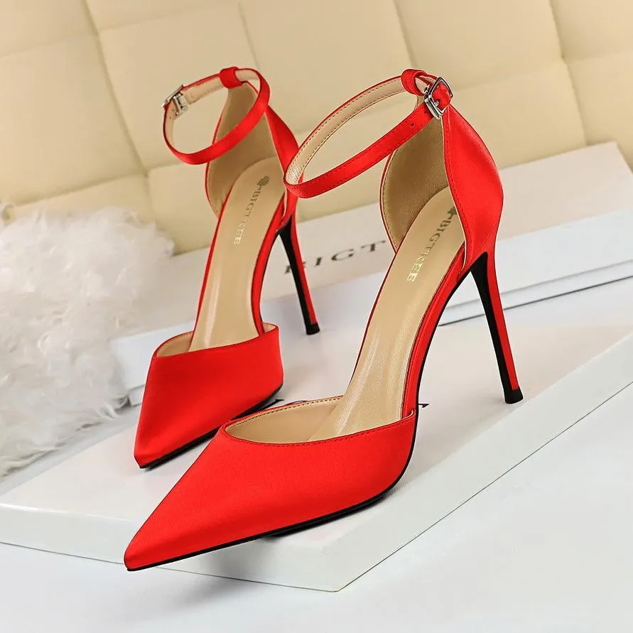 Chicvane Ankle Strap Adjustable Buckle Pointed Toe Stiletto Heel Bridal Heels