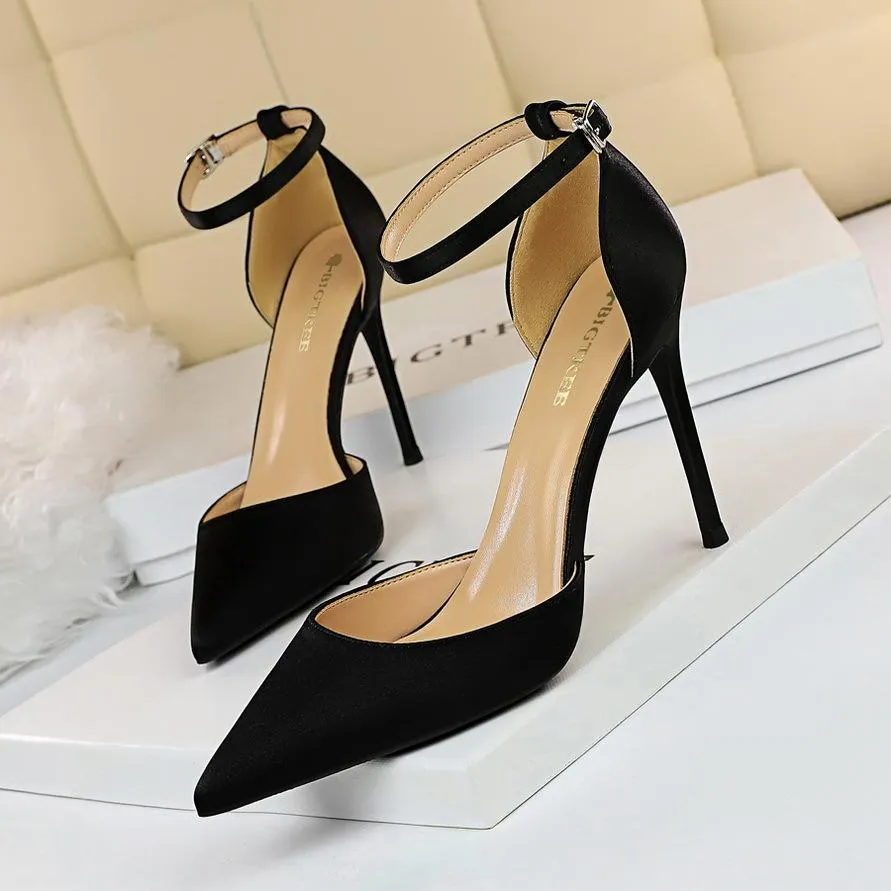 Chicvane Ankle Strap Adjustable Buckle Pointed Toe Stiletto Heel Bridal Heels