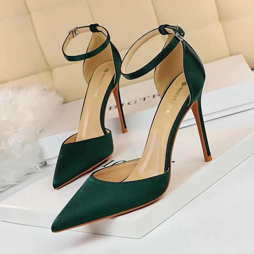 Chicvane Ankle Strap Adjustable Buckle Pointed Toe Stiletto Heel Bridal Heels