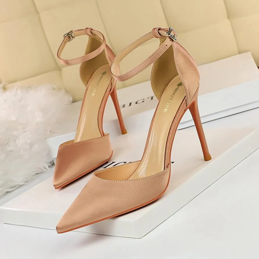 Chicvane Ankle Strap Adjustable Buckle Pointed Toe Stiletto Heel Bridal Heels
