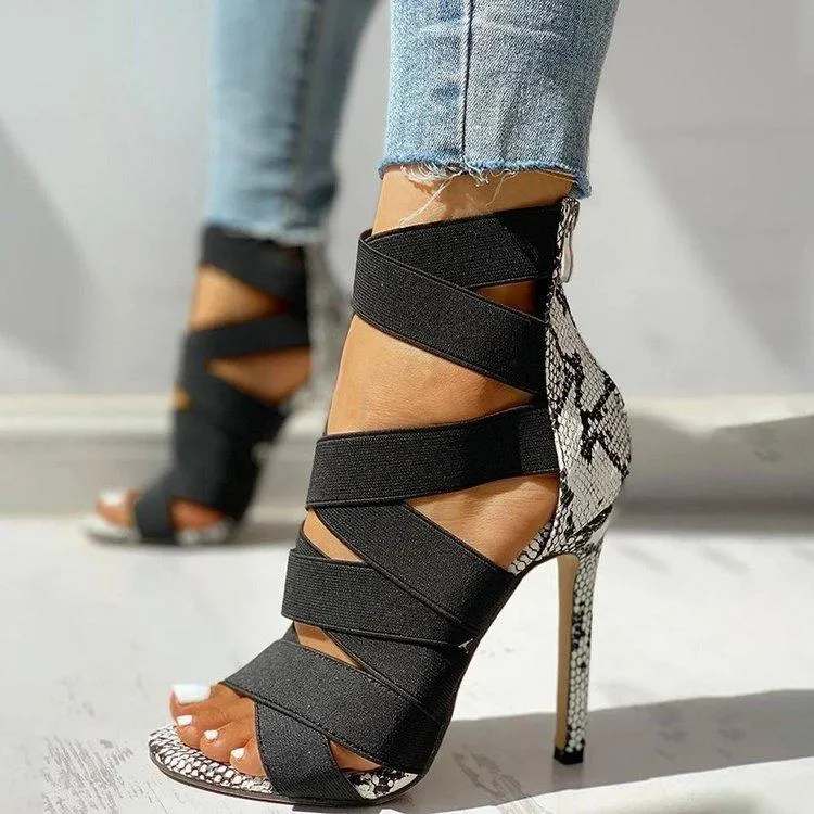 Chicvane Mixed Colors Snake Stiletto Heels Zipper Closure Roman Shoes