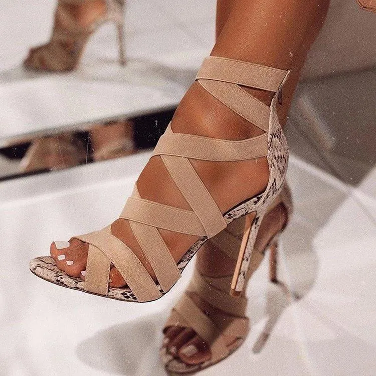 Chicvane Mixed Colors Snake Stiletto Heels Zipper Closure Roman Shoes