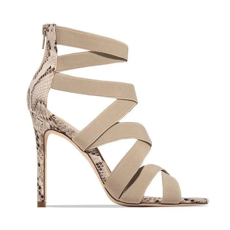 Chicvane Mixed Colors Snake Stiletto Heels Zipper Closure Roman Shoes
