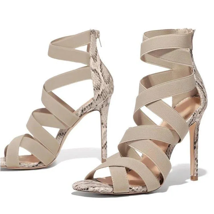 Chicvane Mixed Colors Snake Stiletto Heels Zipper Closure Roman Shoes