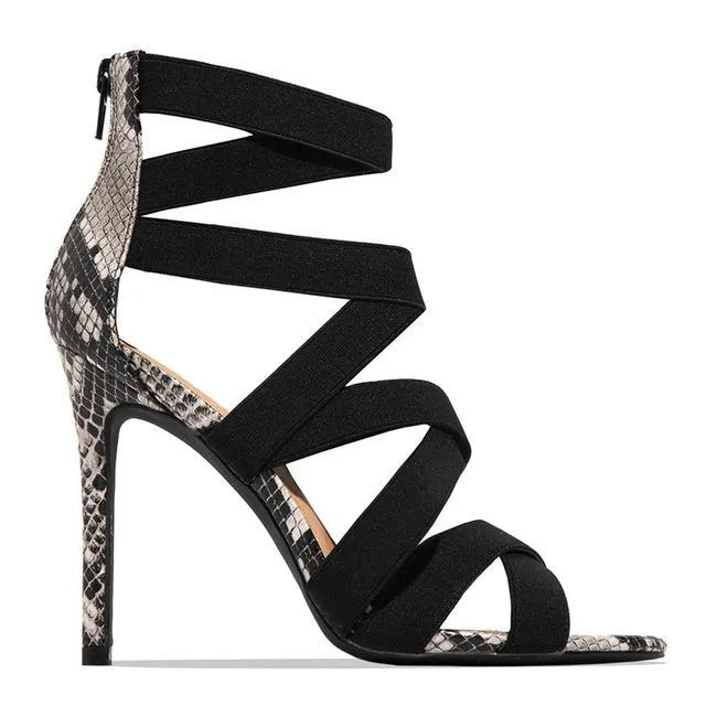 Chicvane Mixed Colors Snake Stiletto Heels Zipper Closure Roman Shoes