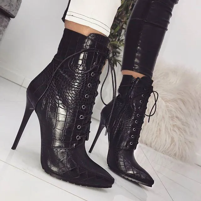 Chicvane Snakeskin Lace Up Pointed Toe Stiletto Heel Mid Calf Boots For Women