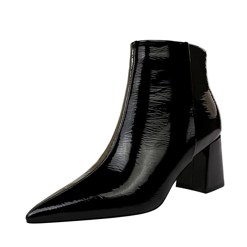 Chicvane Womens Solid Gloss Pointed Toe Chunky Heel Ankle Boots