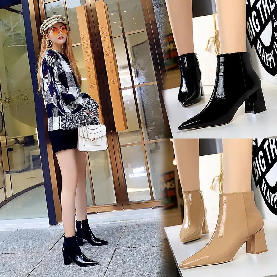 Chicvane Womens Solid Gloss Pointed Toe Chunky Heel Ankle Boots