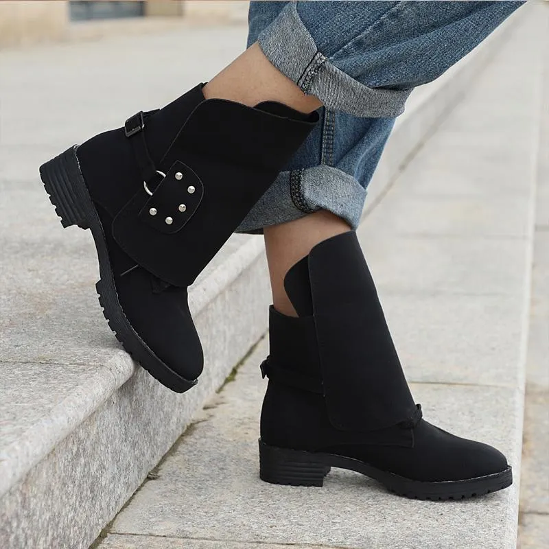 Chicvane Women's Winter Flat Buckle Retro Ankle Martin boots With Rivet