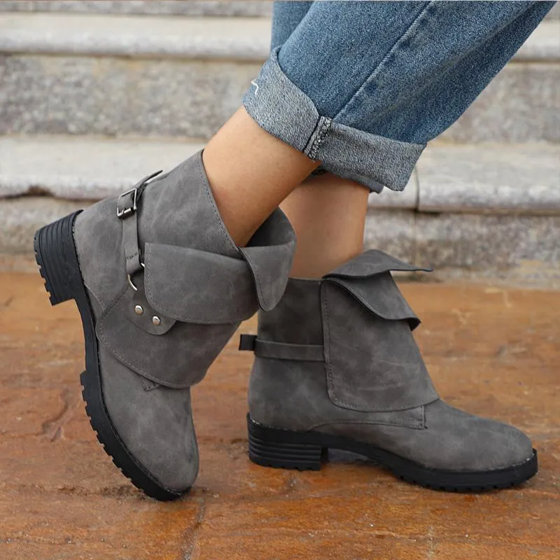 Chicvane Women's Winter Flat Buckle Retro Ankle Martin boots With Rivet