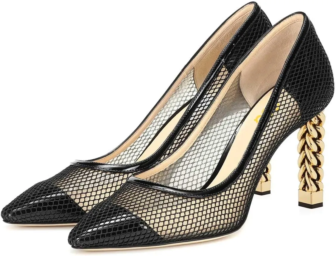 FSJ Women Golden Block High Heel Clear Pump Pointed Toe Slip On Fashion Dress Party Evening Ladies Shoes