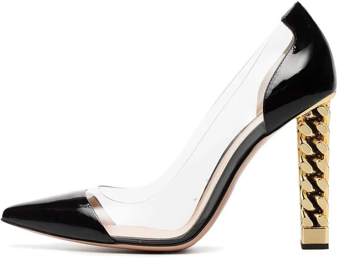 FSJ Women Golden Block High Heel Clear Pump Pointed Toe Slip On Fashion Dress Party Evening Ladies Shoes