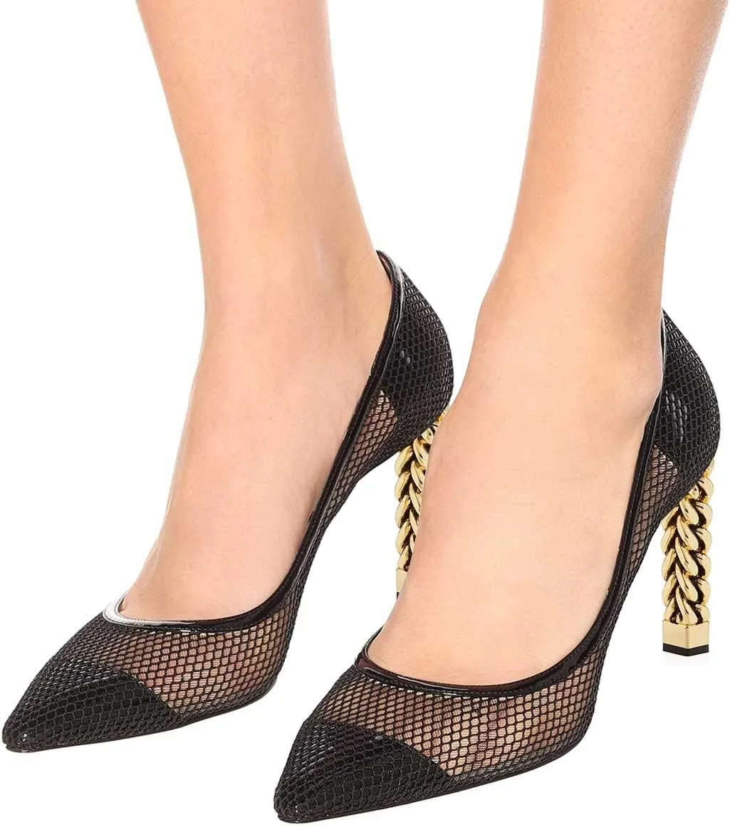 FSJ Women Golden Block High Heel Clear Pump Pointed Toe Slip On Fashion Dress Party Evening Ladies Shoes