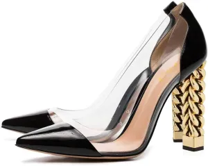 FSJ Women Golden Block High Heel Clear Pump Pointed Toe Slip On Fashion Dress Party Evening Ladies Shoes