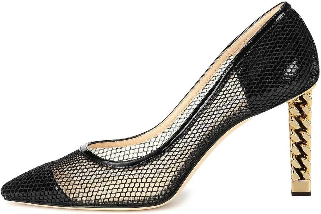 FSJ Women Golden Block High Heel Clear Pump Pointed Toe Slip On Fashion Dress Party Evening Ladies Shoes