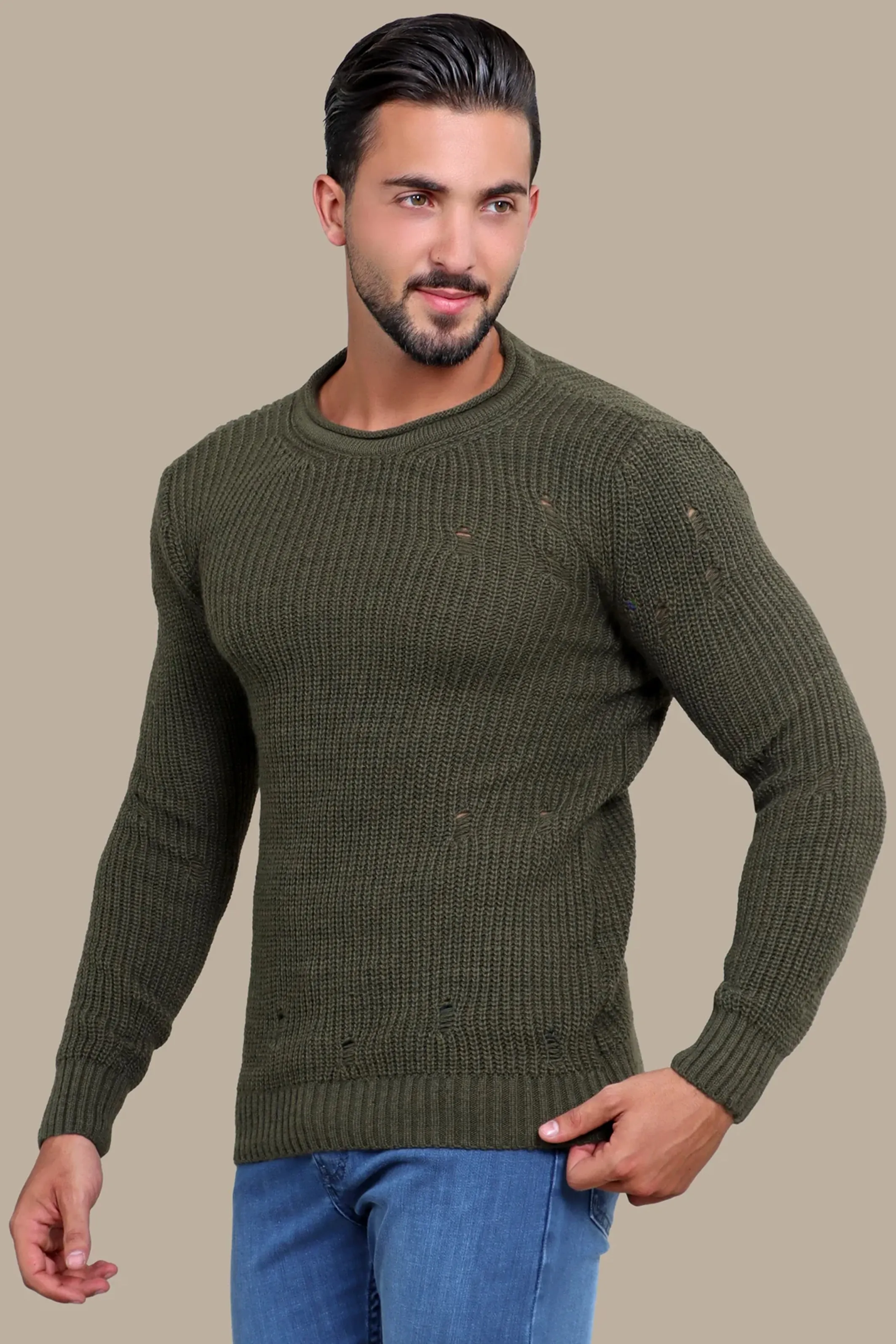 Khaki Knitted Damaged Sweater