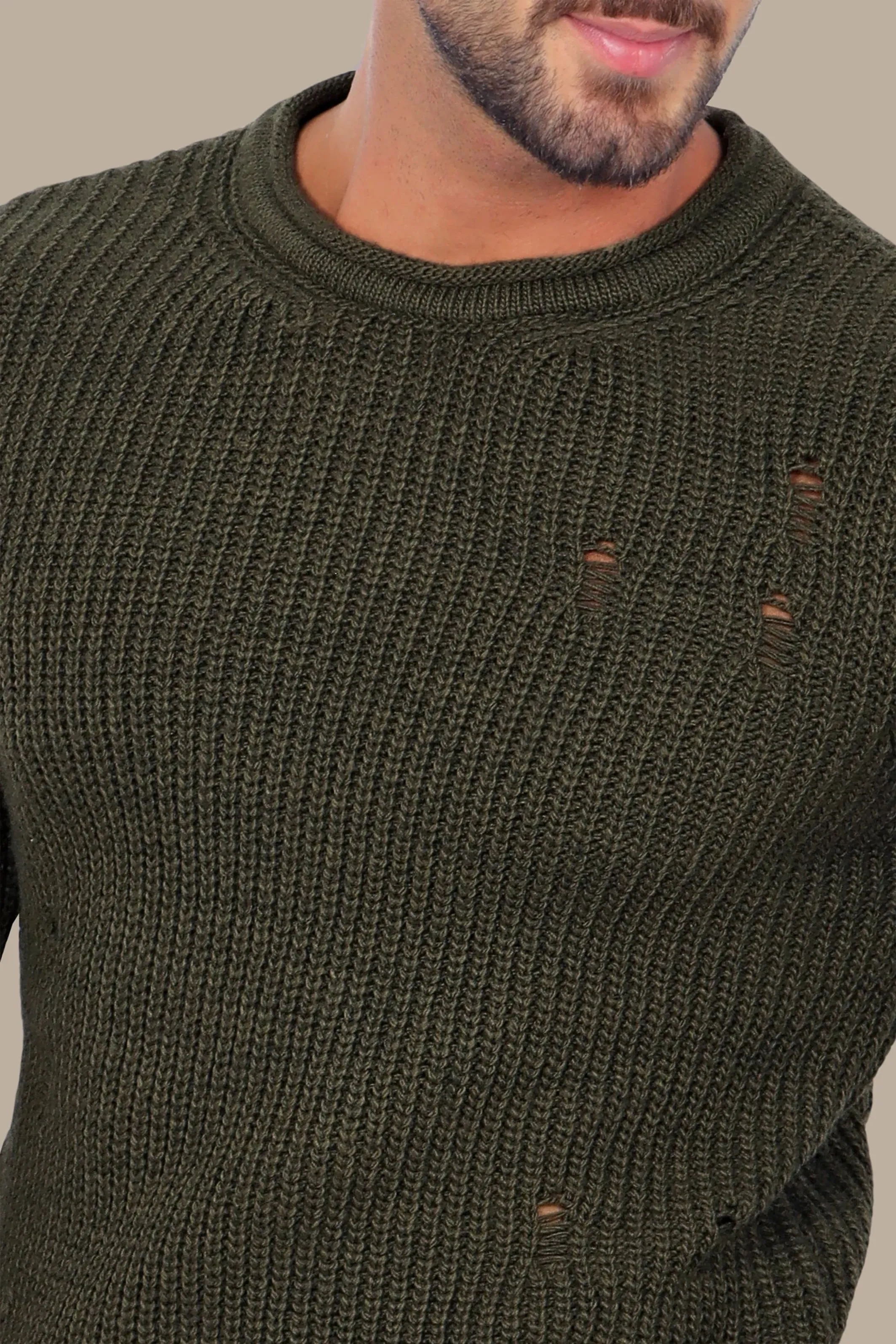 Khaki Knitted Damaged Sweater