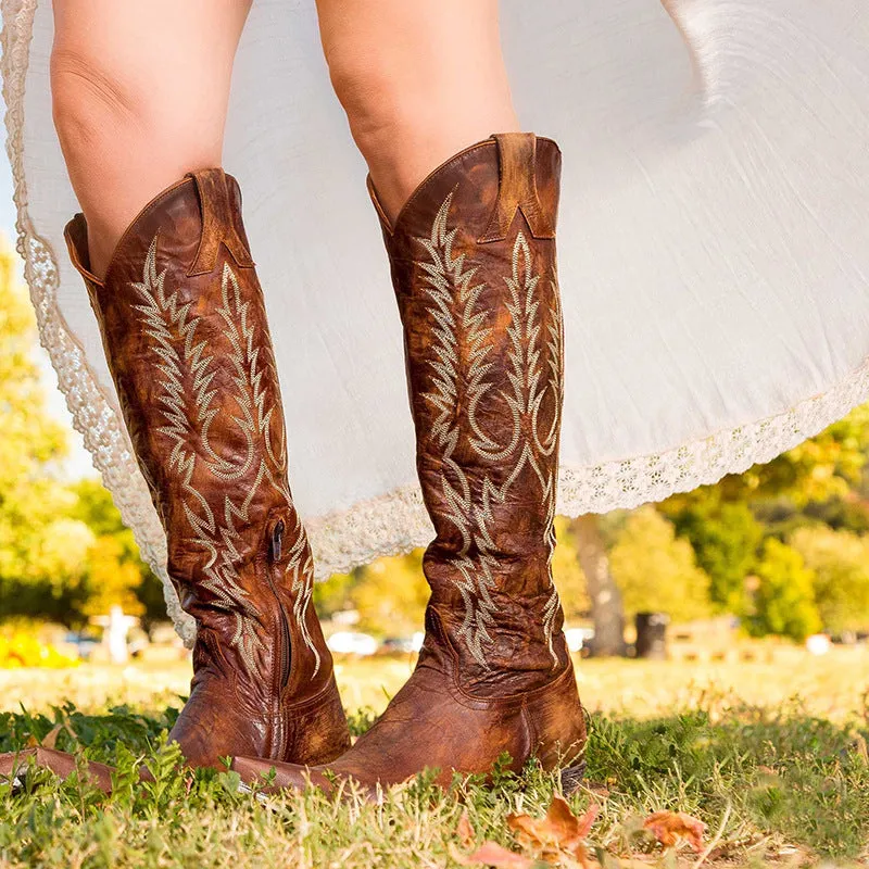 Knee high western cowboy boots pointed toe cowgirl boots vintage country boots
