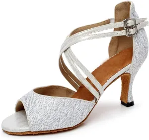 Minishion Women's Style QJ6210 Peep Toe Double Cross Strap Salsa Latin Ballroom Dance Shoes