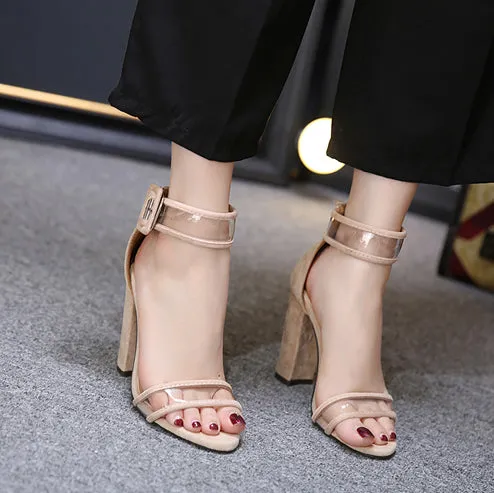 Open Toe Transparent Ankle Wrap Back Zipper High Chunky Heels Sandals