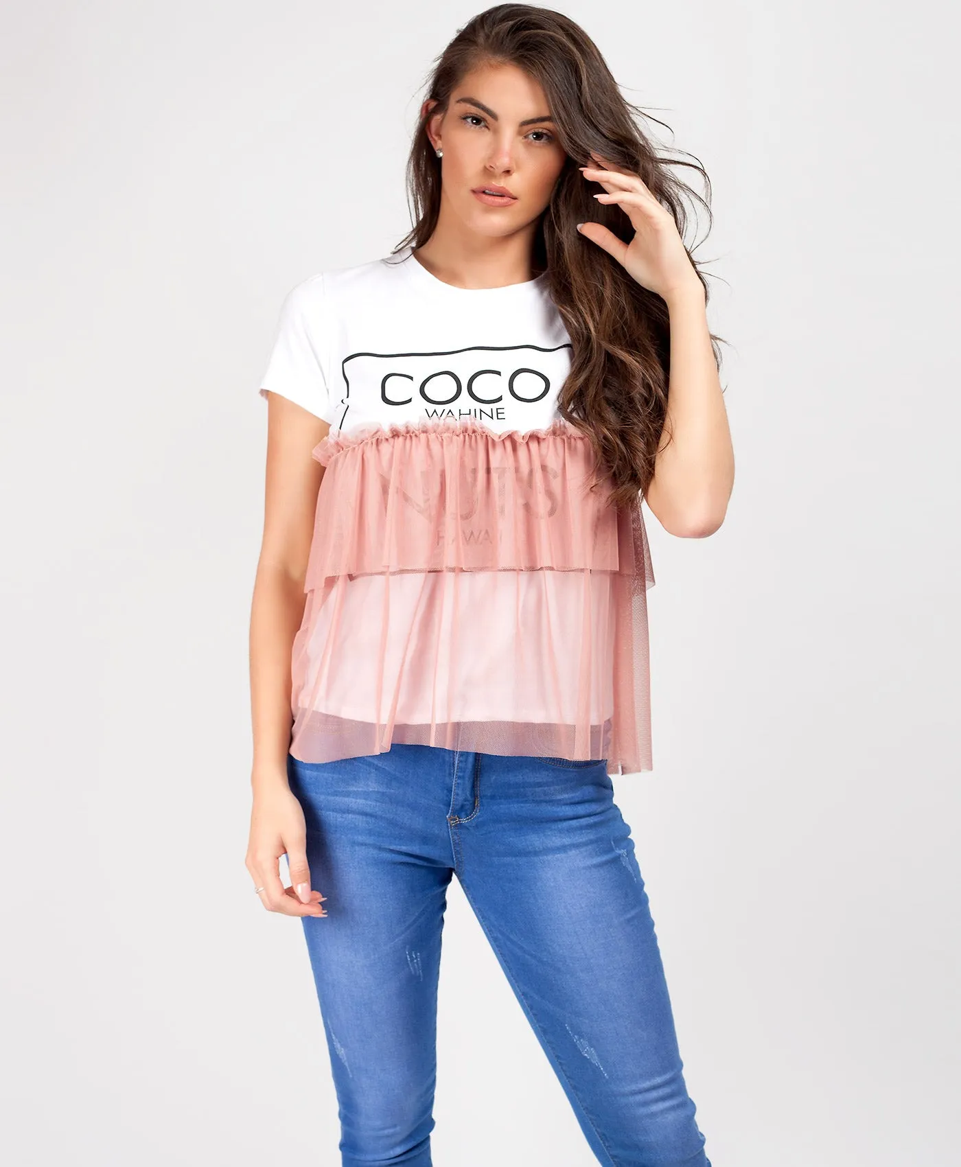 Pink Coco Nuts Tulle Layered Slogan T-Shirt