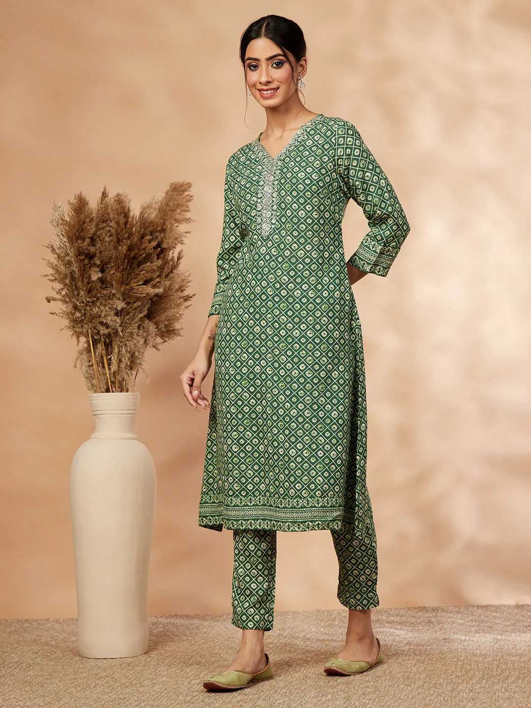 Printed Green A-Line Kurta set