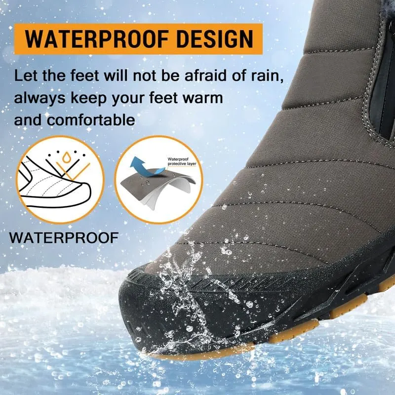 Snow Boots Mens Waterproof Winter Boots Fur Lined Warm Ankle Boots Zipper Closure Slip on Outdoor Boot Comfortable Walking Shoes