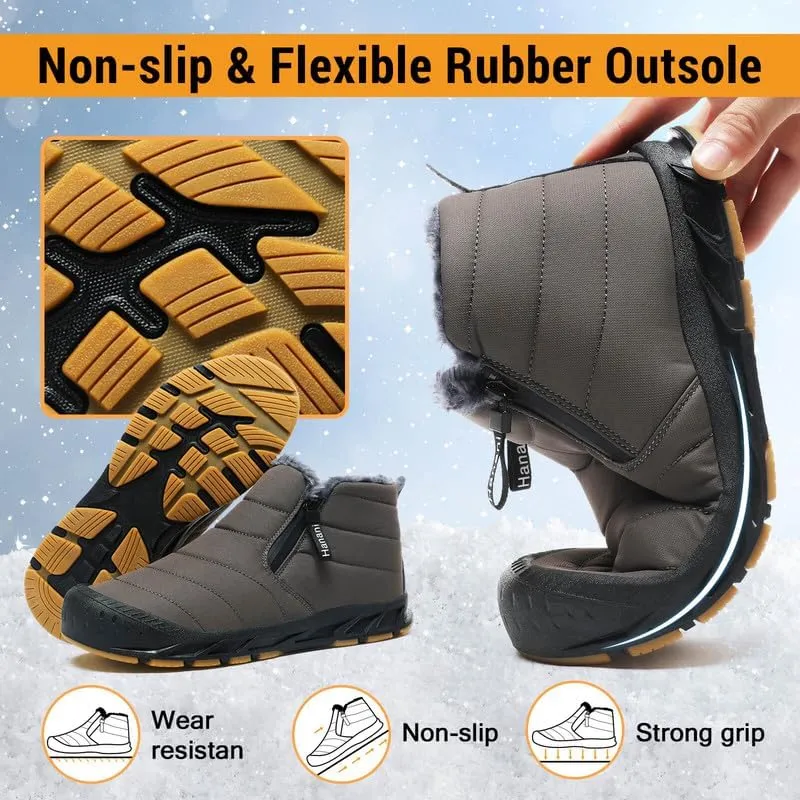 Snow Boots Mens Waterproof Winter Boots Fur Lined Warm Ankle Boots Zipper Closure Slip on Outdoor Boot Comfortable Walking Shoes