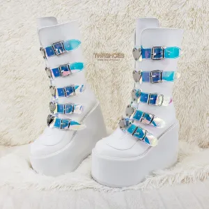 Swing 230 White Mid Calf Boot 5.5" Platform Heart Hologram Strap Design Cyber Goth  - Demonia Direct