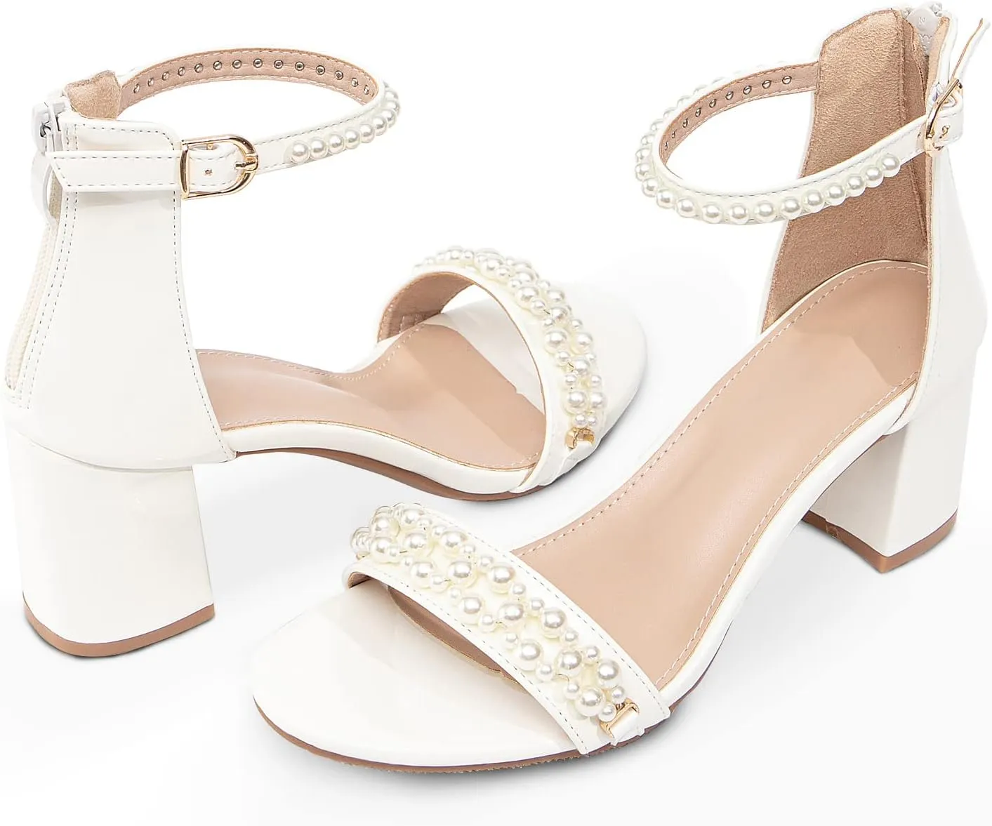 WOJWSKI Women's Heels Sandals for Women Open Toe Fashion Pearls Platform Heeled Sandals Ankle Strap Block Chunky Low Heel Pump Sandal Party Wedding Dress Shoe