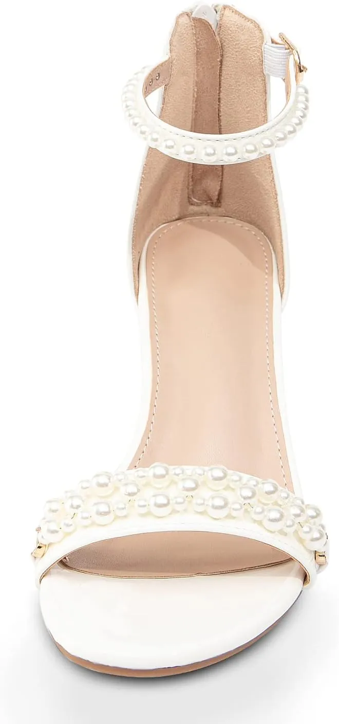 WOJWSKI Women's Heels Sandals for Women Open Toe Fashion Pearls Platform Heeled Sandals Ankle Strap Block Chunky Low Heel Pump Sandal Party Wedding Dress Shoe