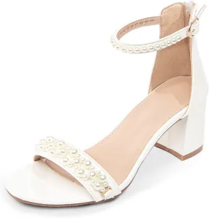 WOJWSKI Women's Heels Sandals for Women Open Toe Fashion Pearls Platform Heeled Sandals Ankle Strap Block Chunky Low Heel Pump Sandal Party Wedding Dress Shoe
