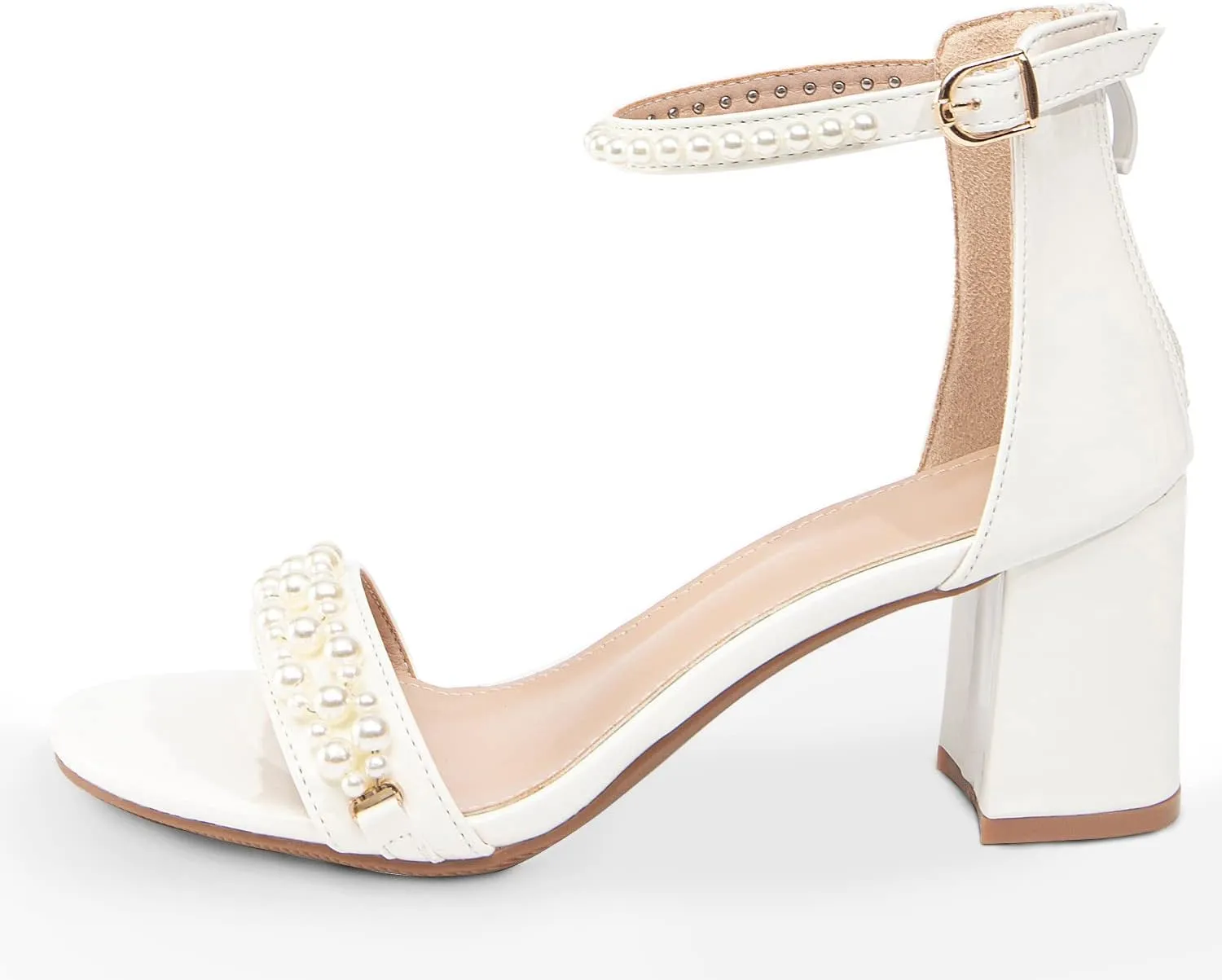 WOJWSKI Women's Heels Sandals for Women Open Toe Fashion Pearls Platform Heeled Sandals Ankle Strap Block Chunky Low Heel Pump Sandal Party Wedding Dress Shoe