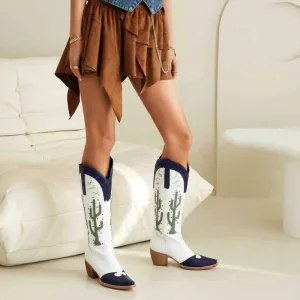 Women Cowboy Boots Block Heel Knee High Boots Retro Floral Bootie